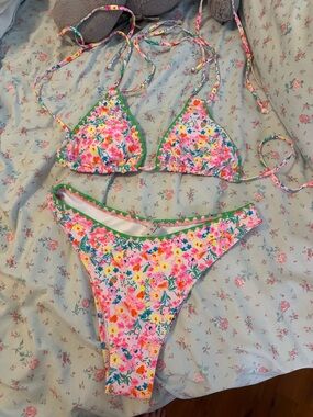 Floral Triangle Tie Bikini Set - Pink & Green